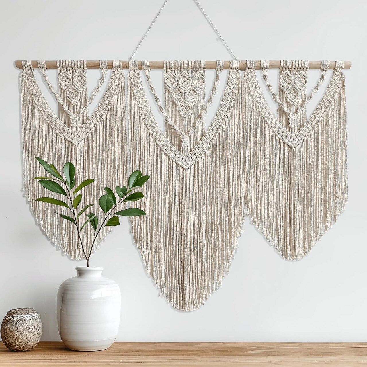 Large Handmade Boho Macrame Wall Hanging Tapestry Chic Bohemian Woven Wall Art for Living Room, Bedroom, or Wedding Party Decor (Beige, Twelve Rhombus Design)